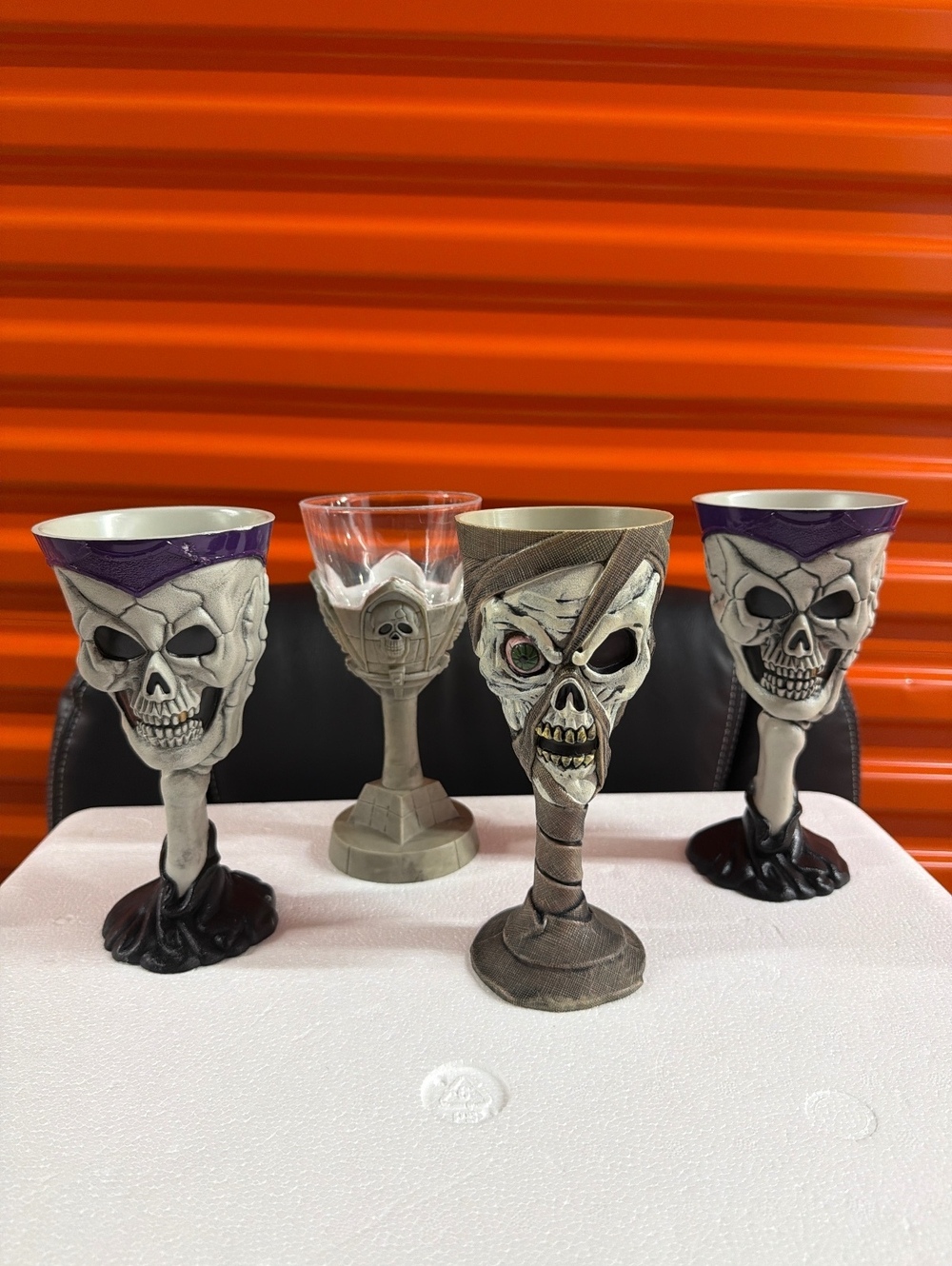 Set of 4 Skull Themed Goblet Glasses for Halloween or Gothic Decor